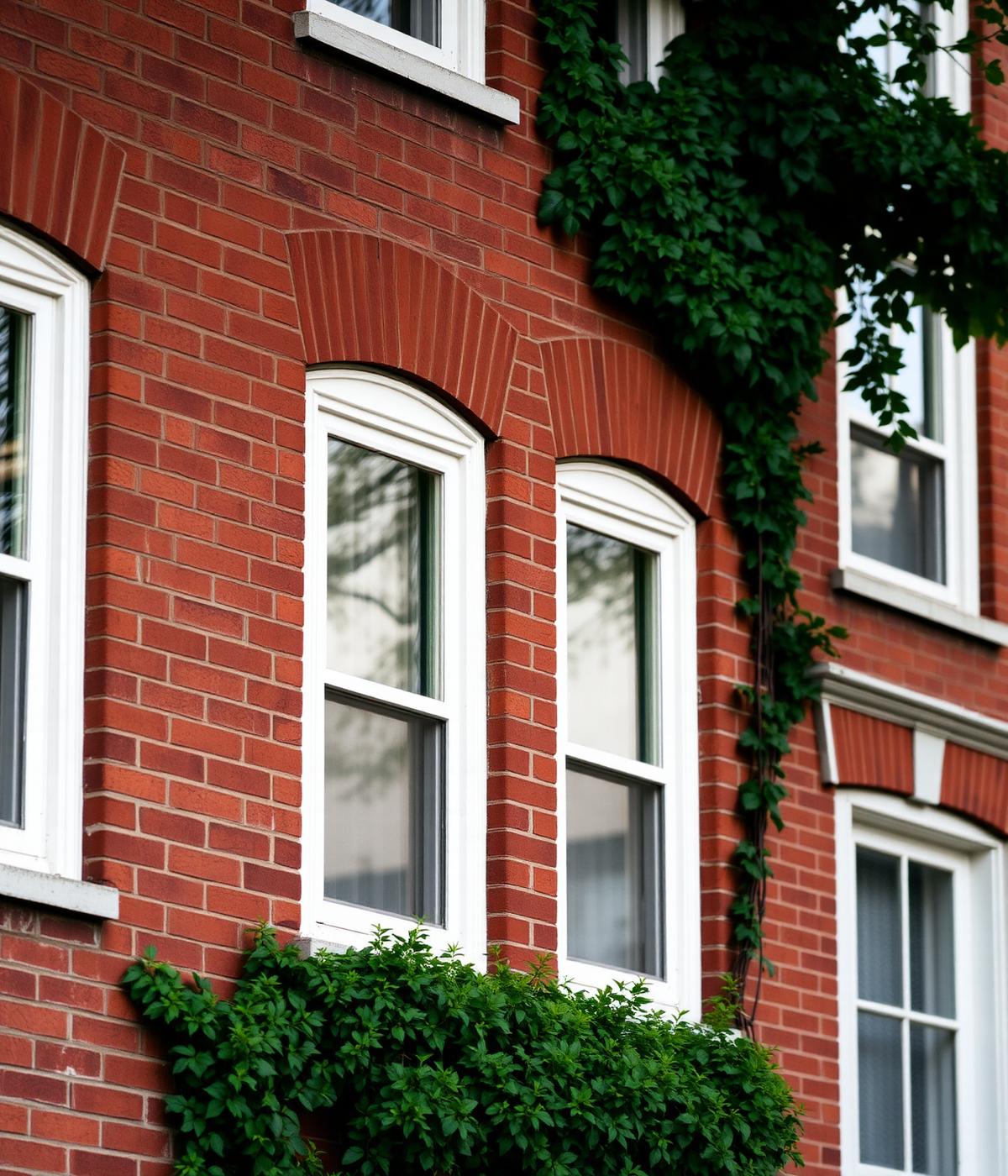 Detail of a red brick apartment facade with white-framed windows